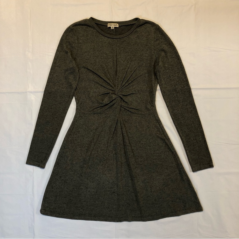 Inspired Hearts Women’s Long Sleeve Pullover Stretch Twist Front Gray Dress XL